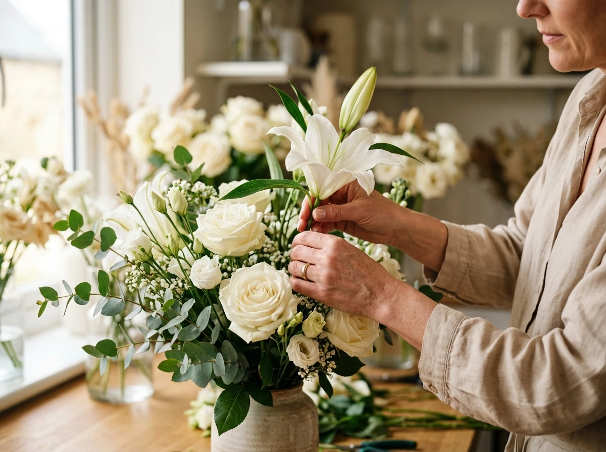Preparação e cuidado delicado com arranjo floral de flores brancas em ambiente sereno e acolhedor